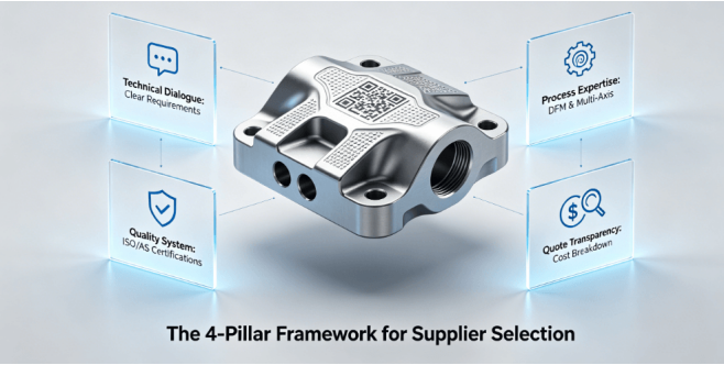A 3D infographic showing a precision machined part being evaluated by four glowing pillars representing Technical Dialogue, Process Expertise, Quality Systems, and Quote Transparency.