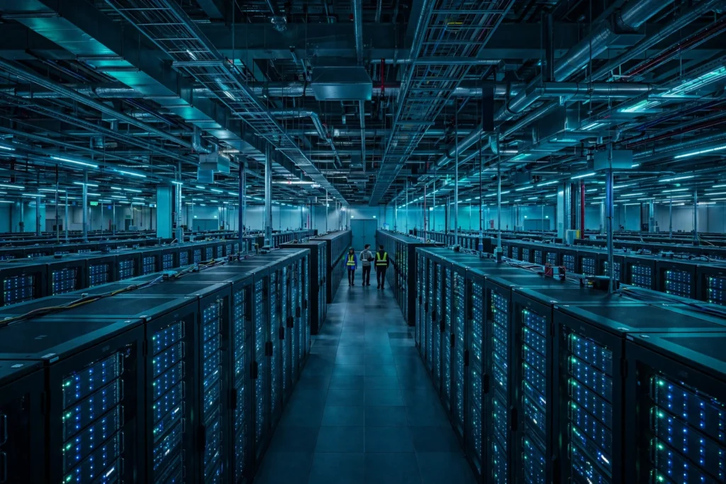 AI Data Center Boom Faces a Reality Check on Costs and Power Rows of glowing server racks inside a modern AI data center