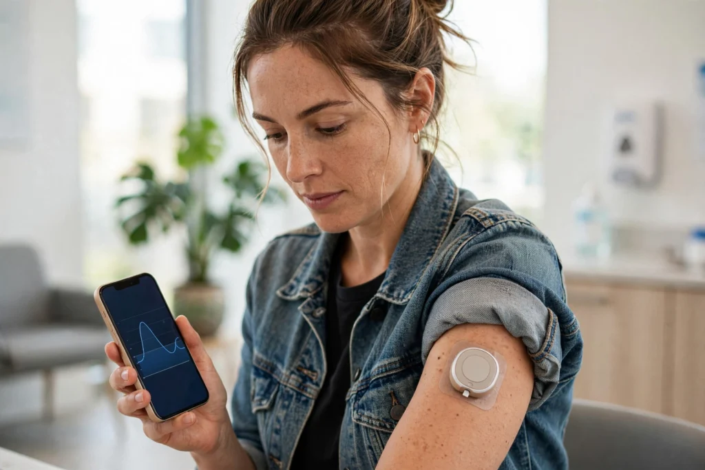 Person wearing a continuous glucose monitor sensor checking readings on a smartphone