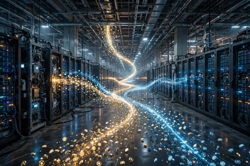 China Is Building ‘Token Factories’ to Drive Its AI Economy A vast futuristic data centre with glowing server racks