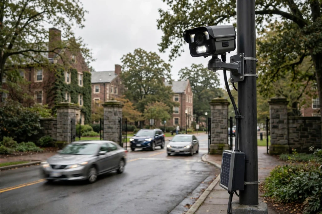 An Illinois College Tried to Cancel Its Flock Camera Contract. Flock Refused. A licence plate reader camera on a pole at a college campus entrance