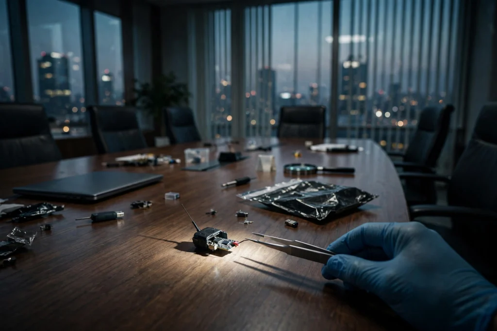 OpenAI Engineer Arrested Over Alleged Bugging of Executive Conference Room A corporate boardroom with a tense, investigative mood